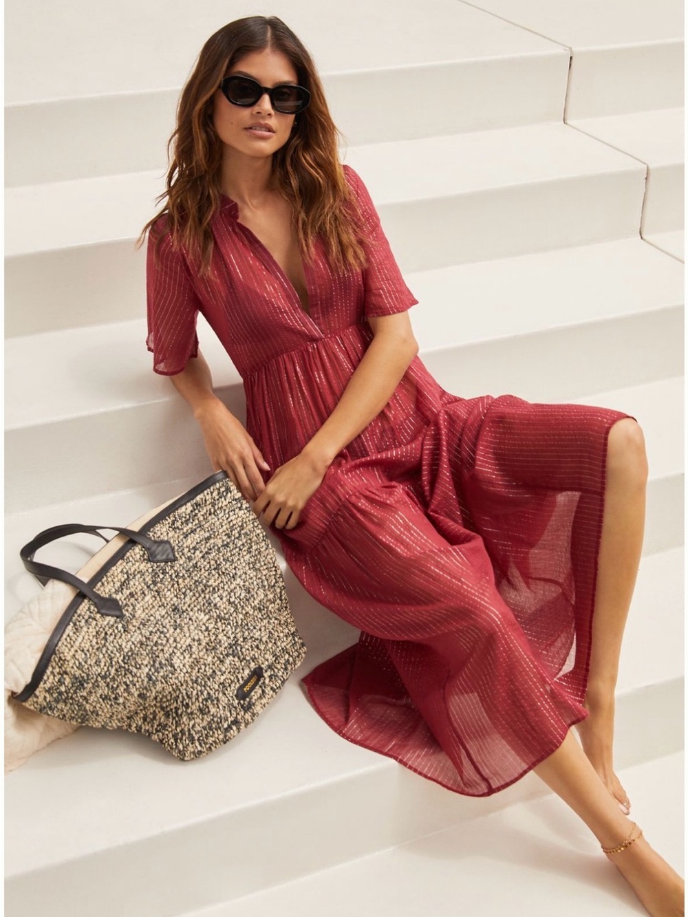 Anthropologie Red Midi Dress with Metallic Pinstripes